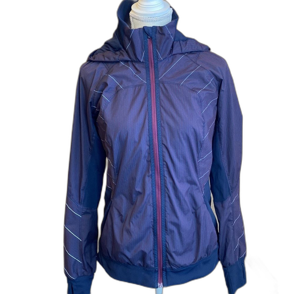 Lululemon Womens 10 She's Swift Hooded Jacket Thumb Navy Purple Stripe Ruffles